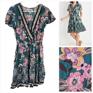 Maurices Teal Floral Flutter Sleeve V Neck Mini Dress Work School Casual Pockets
